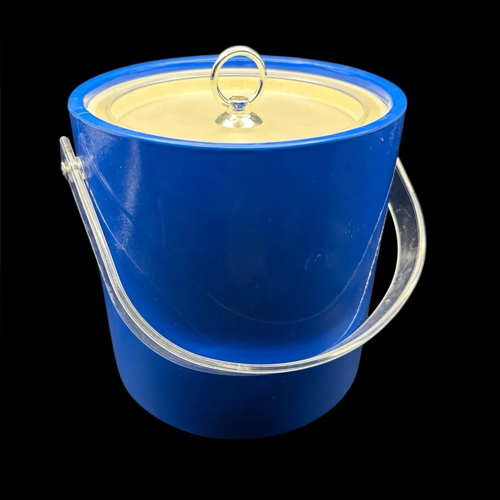 Vintage Mid Century Vibrant Blue Acrylic Lid and Handle Thermal Ice Bucket 8”